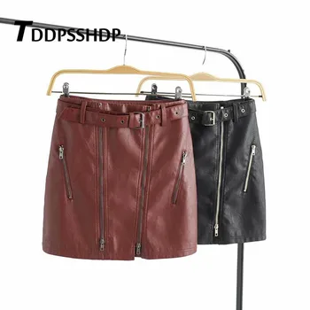 

2019 Waist Belt 4 Zippers Women Skirt Pu Leather 2 Colors Can Choose Female Skirts