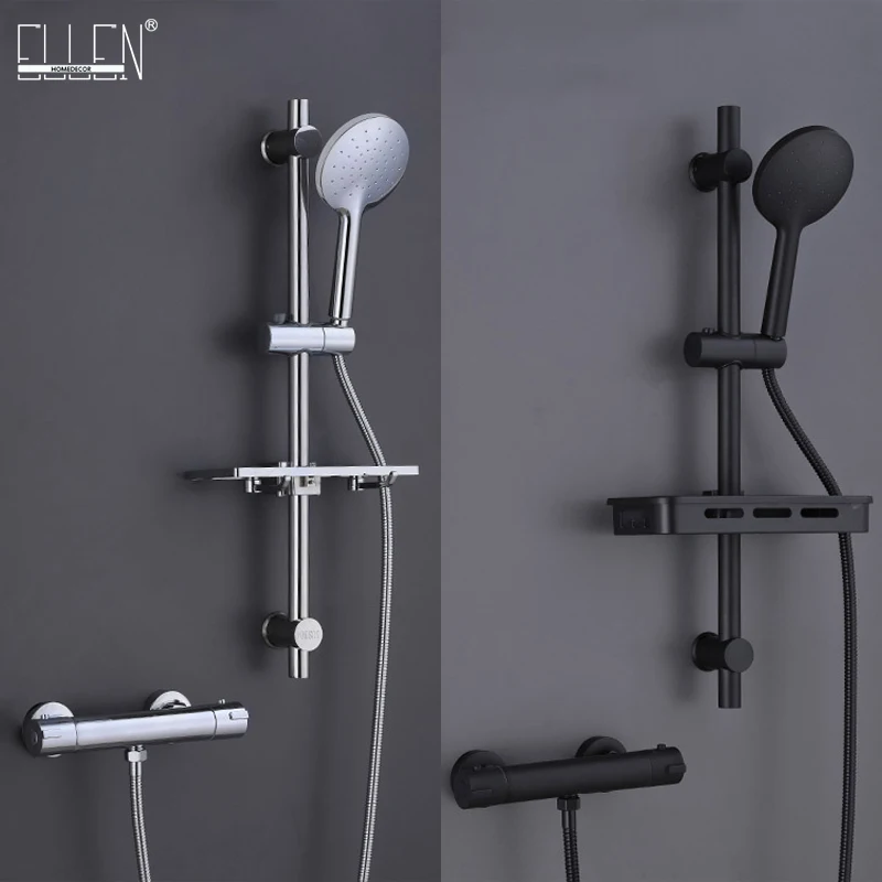 

ELLEN Bath Shower Faucets Thermostatic With Sliding Bar Hot Cold Water Shower Sets Wall Tap Mix Black Rainfall Shower EL3906L