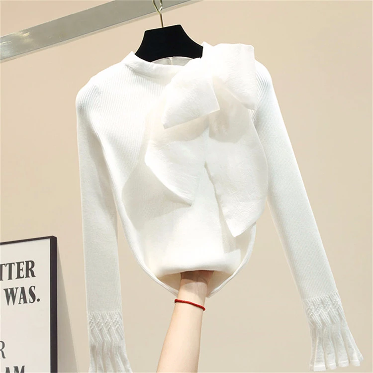 Вязаный свитер из органзы с бантом, женский тонкий короткий пуловер с длинным рукавом, осень, корейские базовые Топы, милые свитера modis - Цвет: Белый