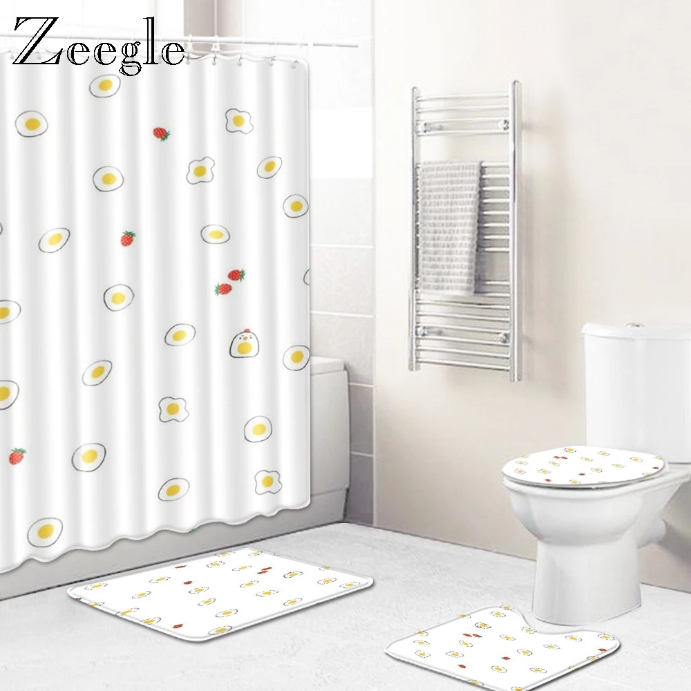 Zeegle 4PCS Bath Mat Waterproof Shower Curtain Toilet Seat Cover Shower Room Anti-slip Foot Soft Rug Waterproof Toilet Curtain