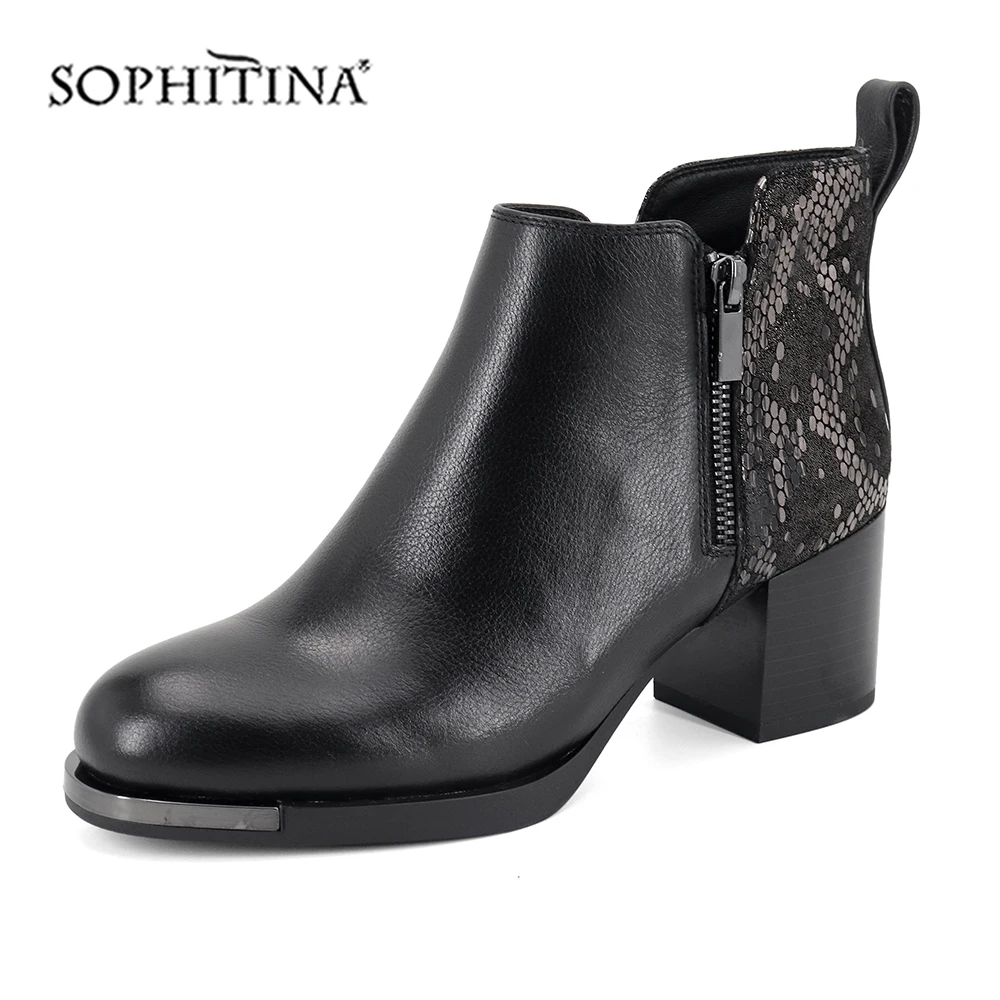 SOPHITINA/Ботильоны женские на весну и осень. Модные сапоги с рисунком животных из высококачественной коровьей кожи на квадратном каблуке с круглым носком. Новая обувь с молниями сбоку. Ботинки с метал. пряжкой. SC393