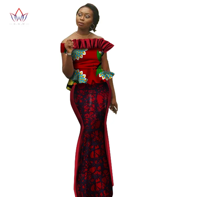 Африканский Базен Riche платья для женщин комплект одежды юбка Топ наборы для женщин Высокая талия юбка длинная африканская юбка размера плюс WY1422 - Цвет: 14