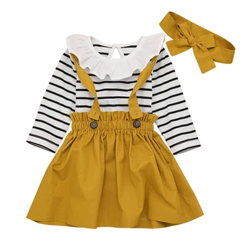 

2020 Summer New 3pcs Baby Toddler Girl Striped ruffled Romper + Suspender Skirt + Headband Outfits Clothes baby girl clothes