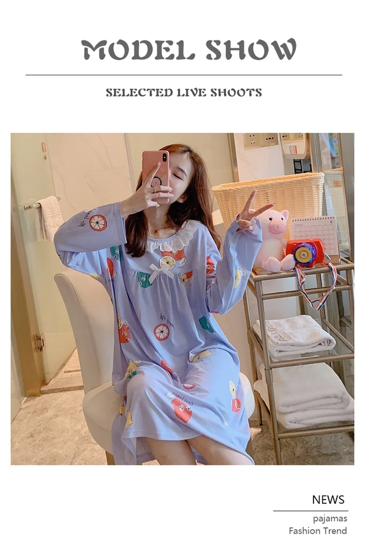 Spring Autumn Casual Plaid Cotton Nightgowns for Women Long Sleeve Loose Night Dress Home Dress Sleepwear Nightdress Nighty