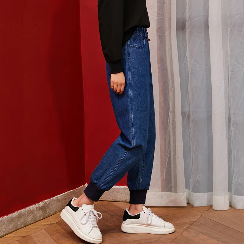 LEIJIJEANS, новинка, большие размеры, женские, не эластичные, высокая талия, плюс бархат, девять точек, джинсы, ноги, свободные, повседневные, темно-синие, женские джинсы