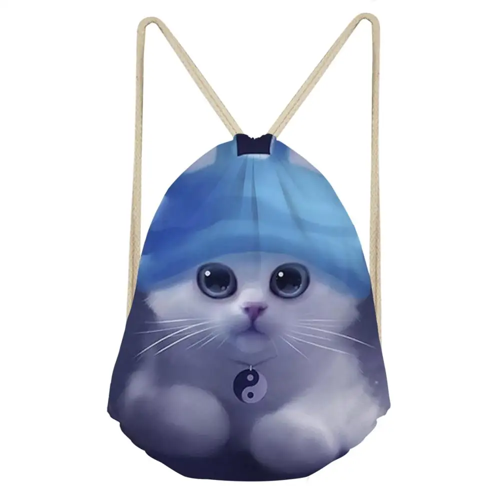 HaoYun Women's Mini Drawstring Backpack Fantasy Cats Pattern Beach Shoes Pockets Cartoon Animal Print Girls Travel Organizer Bag