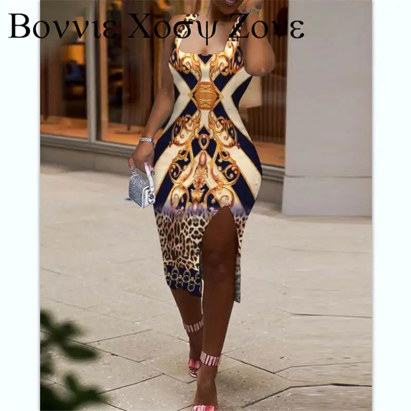 

U-Neck Scarf Print Sleeveless Split Thigh Dress Midi Slit Summer Dresses For Women 2021