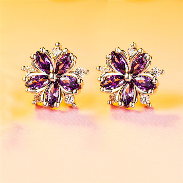 Female Pink Zircon Stone Earrings Gold Silver Color Wedding Earrings Jewelry Cute Flower Small Stud Earrings For Women