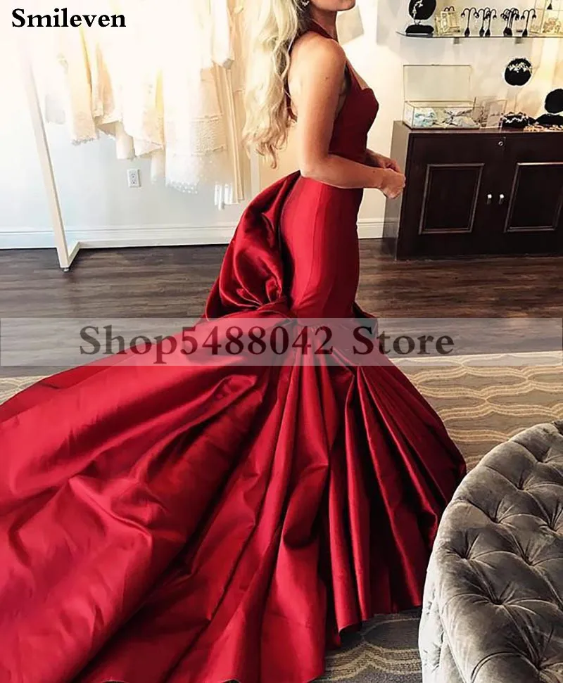Smileven, сексуальное красное вечернее платье русалки, халат de Soiree, длинное атласное вечернее платье на бретелях, праздничное платье