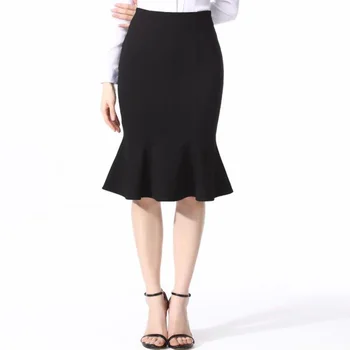 

Womens Business Skirt Black High Waist Stretchy Lady Office Wear to Work Skirt Knee Length Retro Bodycon Ruffles Mermaid Skirts