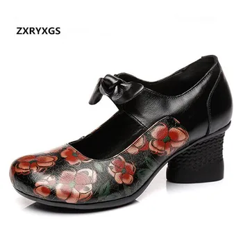 

2019 Best-selling New Autumn Bow Printing Genuine Leather Shoes Woman Fashion Shoes Women High Heel Shoes Non-slip Lady Shoes