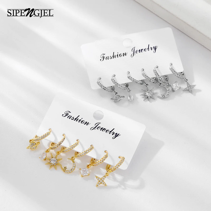 SIPENGJEL Fashion Shiny Zircon Crystal Drop Hoop Earrings Set Geometric Star Moon Pendant For Women Party Jewelry 2021 | Украшения и