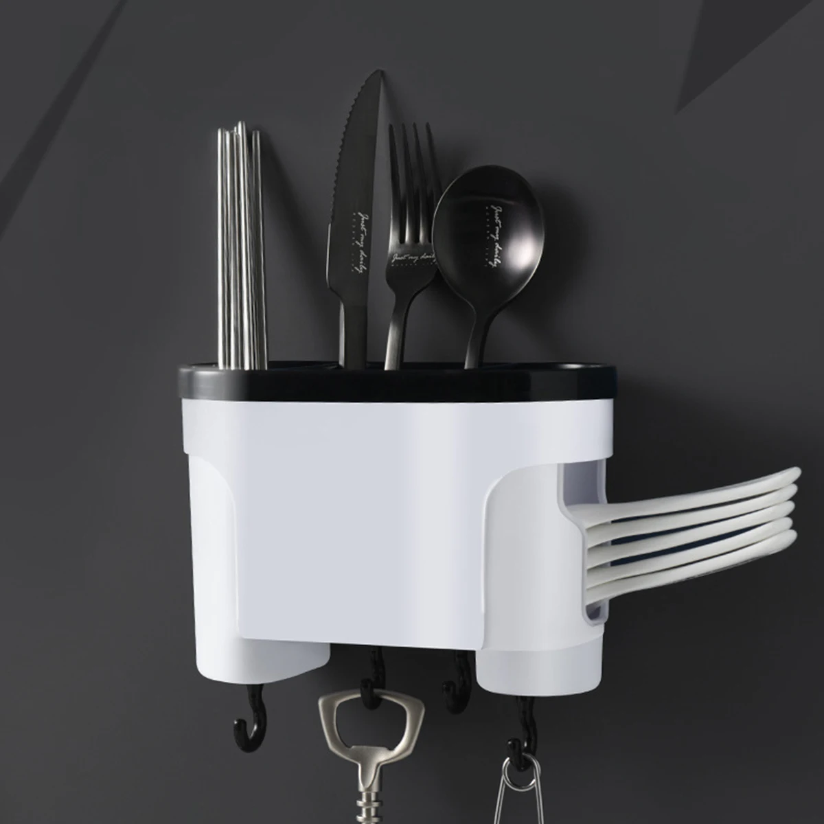 

1pc Wall Mounted Chopsticks Storage Rack Holder Drain Plastic Storage Containers for Kitchen Grey