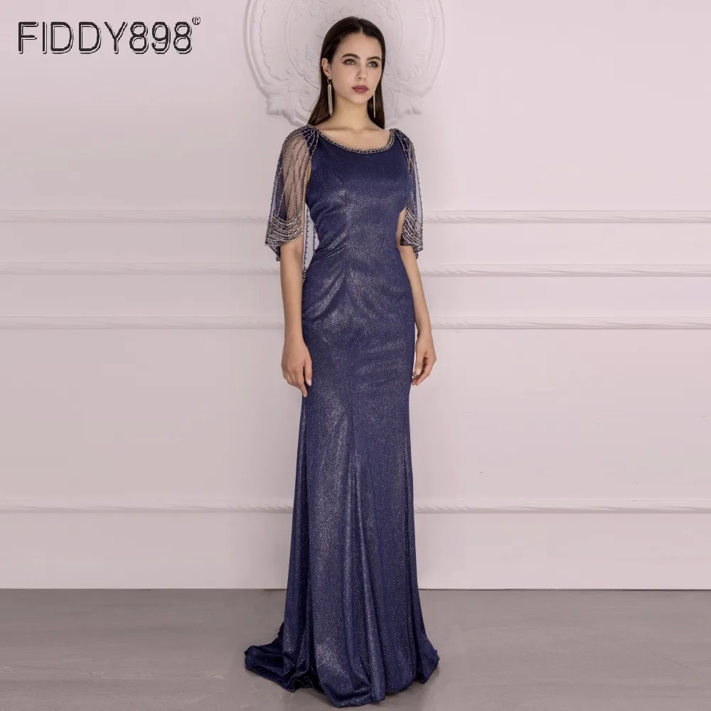 

2020 Fall Winter Long Evening Dresses With Beaded Cape Navy Blue Women Formal Gowns Mermaid Party Wear Vestidos De Noite