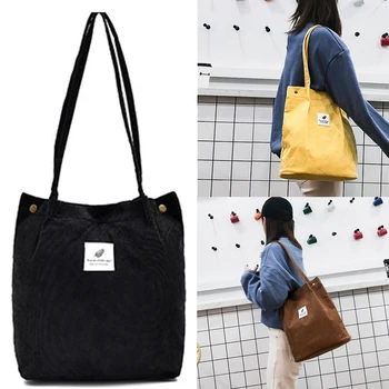 

NEW-Women Corduroy Shopping Bag Female Canvas Cloth Shoulder Bag Environmental Reusable Foldable Storage Handbag
