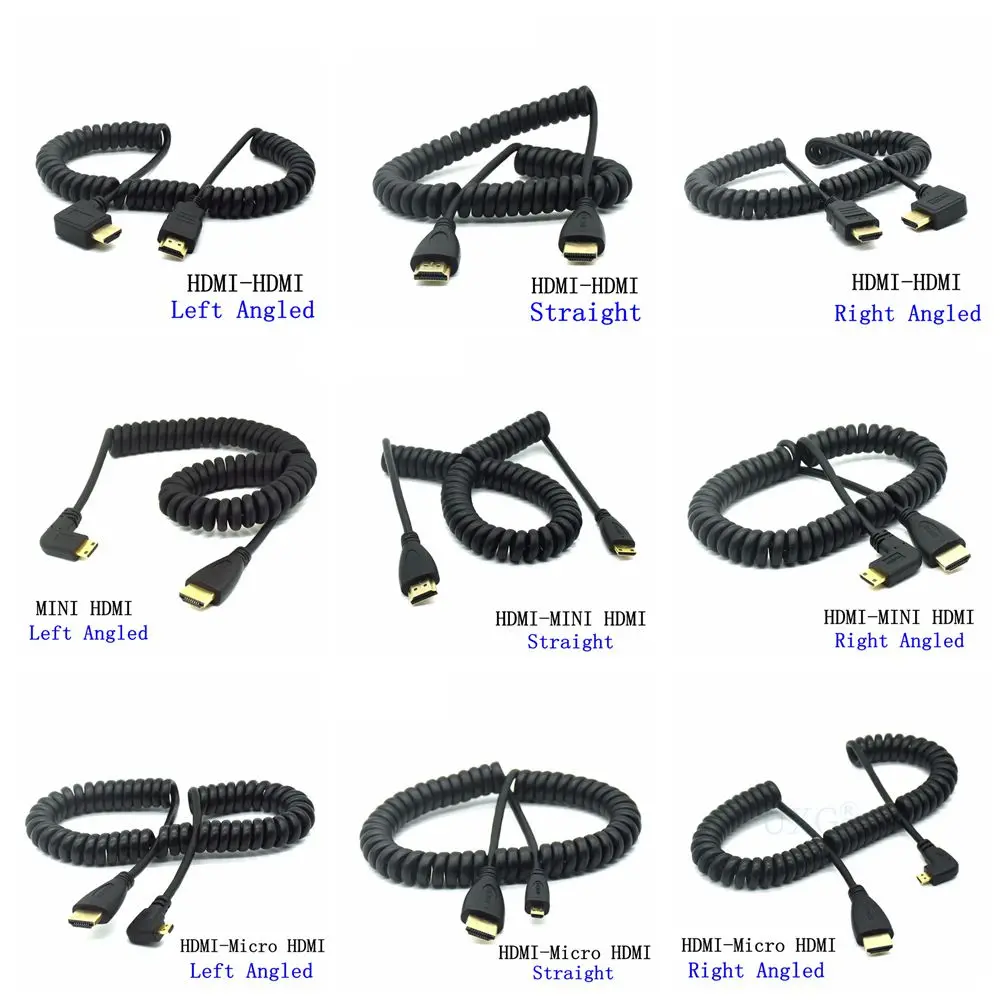 Мини кабель HDMI на левый и правый угол Micro штекер растягивающийся пружинный