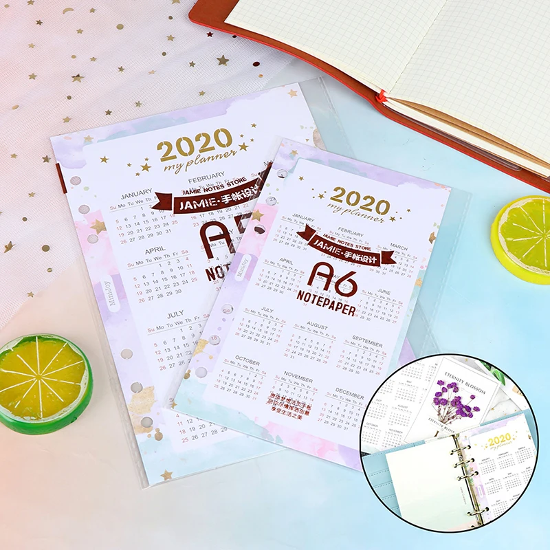 2020 Year Calendar Index Dividers Watercolor Refill for 6 Hole Loose-leaf A5 A6 Binder Spiral Notebook Diary School Stationery