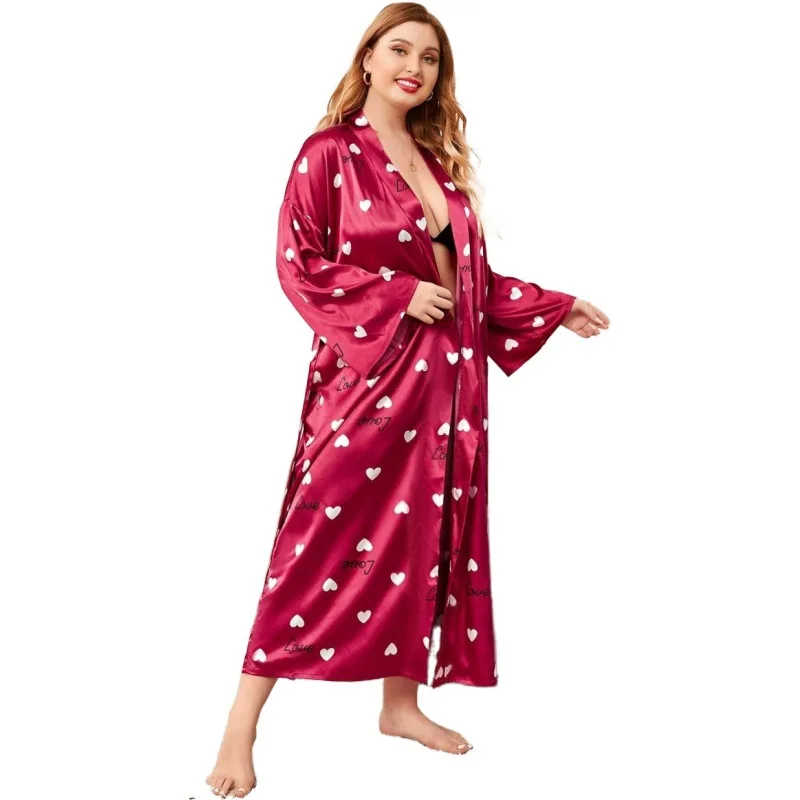 Sanderala Women Plue Size Print Robe V Neck Belted Women Sleepwear Elegant Satin Gown Bathrobe Home Pajamas Satin Robe Spring