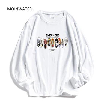 

MOINWATER Women Casual Print Long Sleeve T-shirts Lady Cotton Black Fashion Tops Female White Tees shirt MLT1908