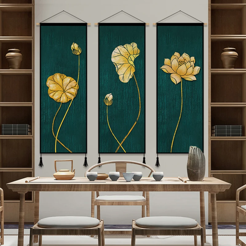 

Chinese Style Scroll Painting Wood Canvas Printed Painting Modern Lotus Wall Art Flower Poster for Living Room Decor