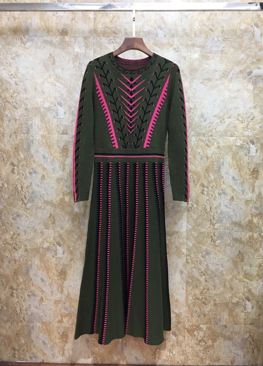 autumn and winter new women's round neck hem folding stripe printed knit dress