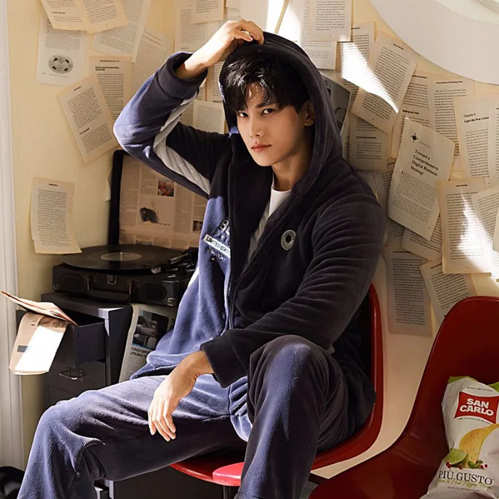 

Autumn & Winter Coral Velvet Pajamas Men Thick plus Velvet Flannel Men's Autumn And Winter Long Sleeve Tracksuit Thermal Suit