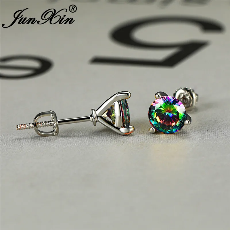 Изящные женские и мужские 6 мм маленькие круглые серьги 925 серебро Цвет Черный Синий Зеленый Красный камень кристалл свадебные серьги гвоздики для женщин - Окраска металла: Rainbow Earrings
