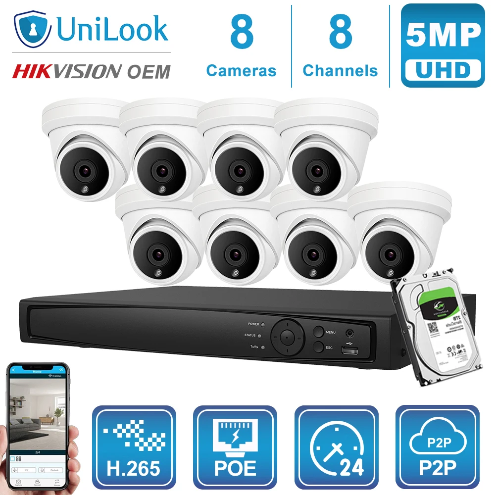 UniLook 8CH NVR 4/6/8 шт 5MP POE IP камера комплект уличная система безопасности ночное
