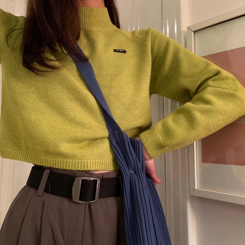 

thin Korean style casual knitted tops Women's Clothing pullovers black full turtleneck Spring and autumn Sweaters crop top hot