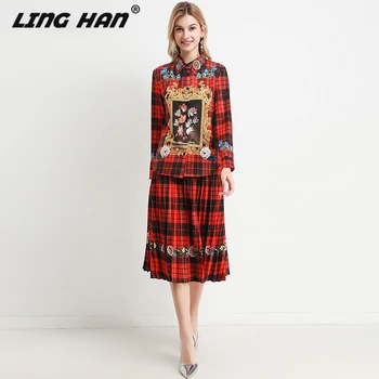 

LINGHAN Elegant Plaid Print Set fashion Beaded Turn-down Collar Shirt Tops + Big swing Pleated Skirt Two-piece suit