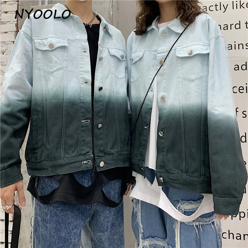 

NYOOLO Vintage streetwear Novelty design gradient loose denim jacket Autumn long sleeve Single breasted coat women men clothing outerwear
