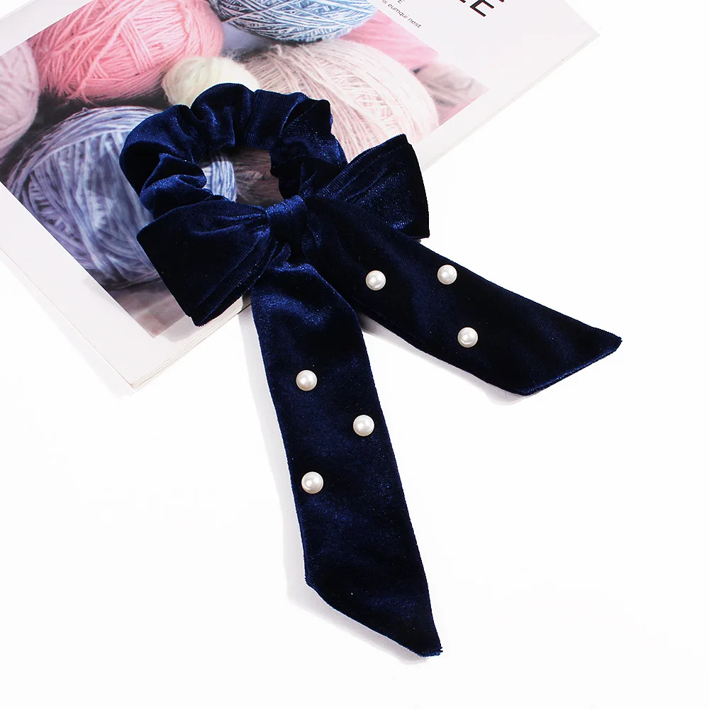 Fashion Women Big Velvet Imitation Pearls Bow Knot Hair Ropes Elegant Ribbon Bow Hair Bands Ponytails Cute Scrunchies Hair Ties