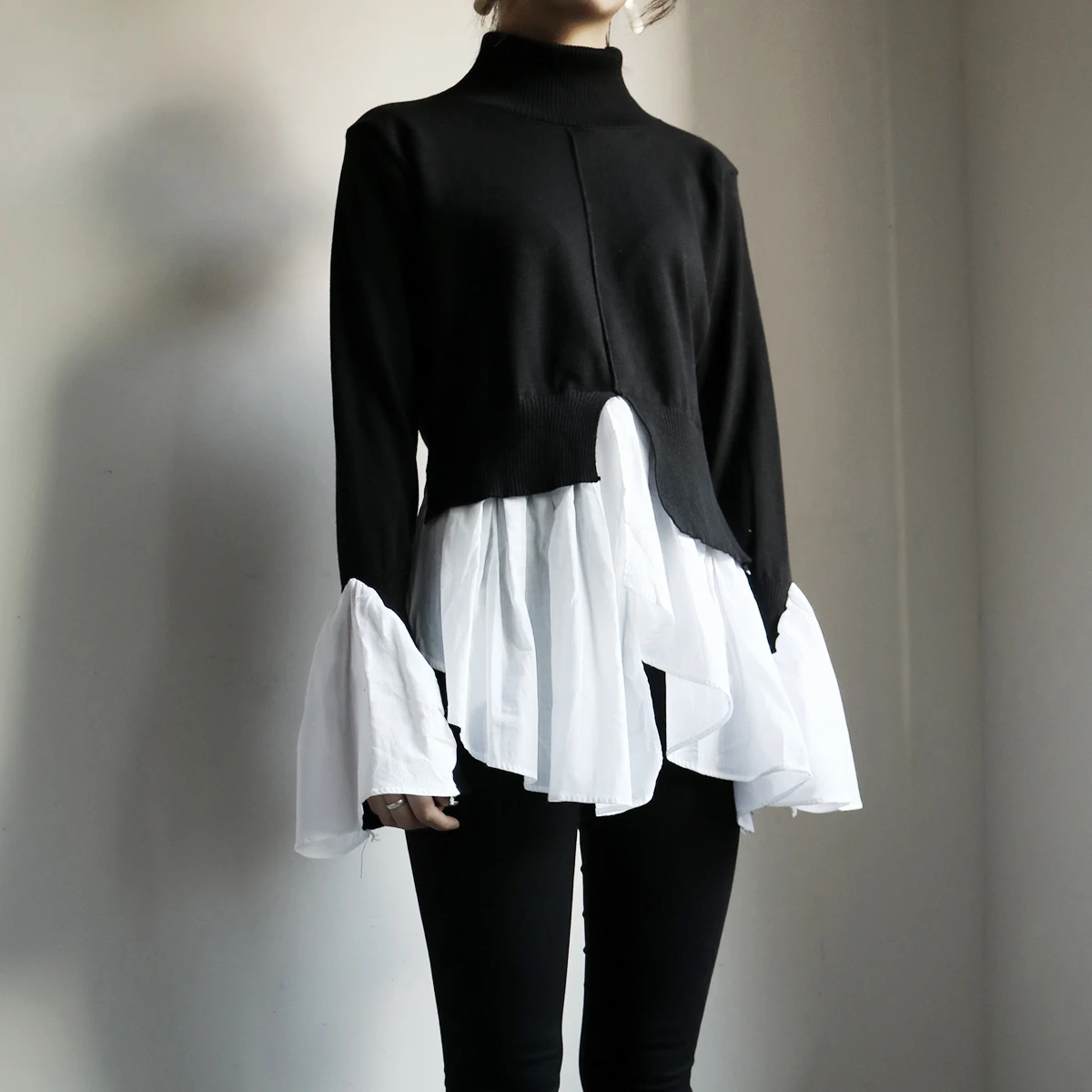 

Elegant Ruffles Sweaters Women Autumn And Winter Women's Slim Jumpers Patchwork Long Sleeve 2019 New Basic Knit Tops SA293S30