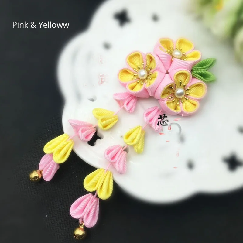 Tsuami Kanzashi, японский стиль, розовая, красная роза, кисточки, Сакура, цветочное кимоно, аксессуар, ручная работа, заколка для волос, заколка, головной убор HW041 - Цвет: Pink and Yellow