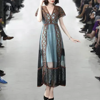 

2020 Summer New Long Runway Dress Women High Quality Designers V Neck Short Sleeve Mesh Embroidery Sexy Party Dresses Vestidos