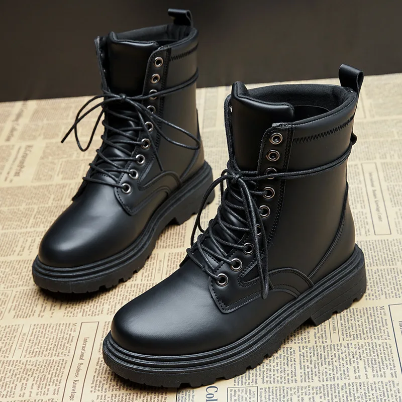 2020 Women Autumn Winter White Black PU Leather Boots Round Toe Lace Up ...