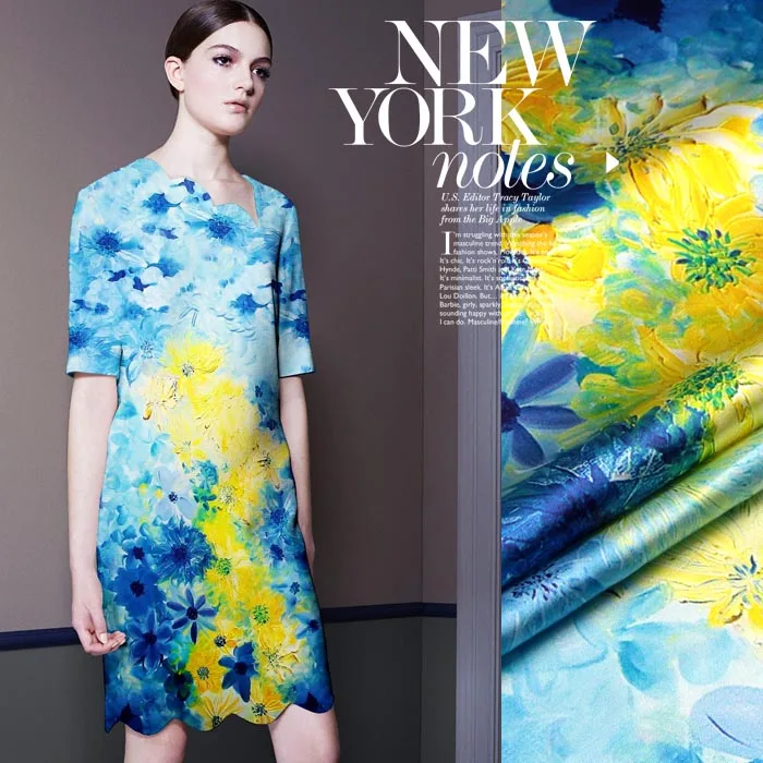 Печатный Шелковый тянущийся Атлас 118 см ширина 19 момма шелк ткань с легче синий/желтый цветок для шитья женщин Vestidos/длинное платье