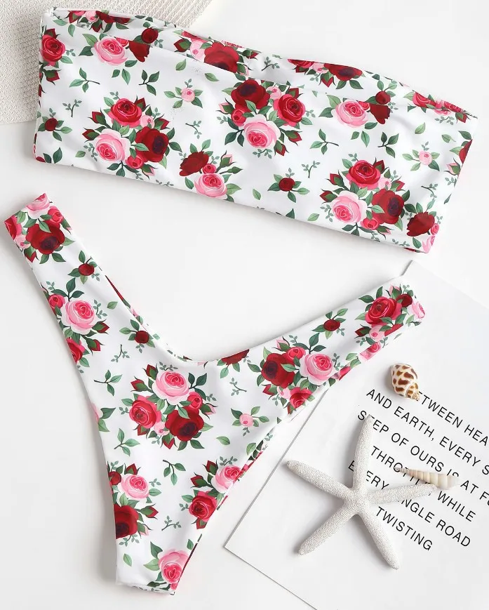 

2019 New Style Europe And America Split Type Rose Printed Bathing Suit Bikini WOMEN'S Swimsuit Bikini