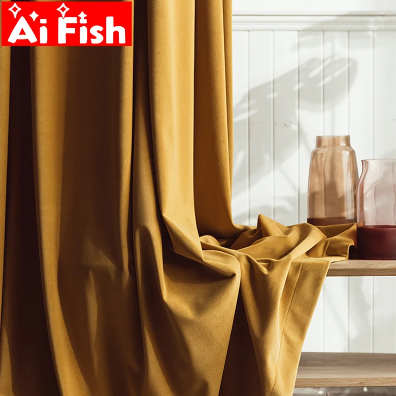 

Luxury Velvet Dark Yellow Blackout Curtains for Living Room Physical Shading Thicker Orange Simple Curtains Drapes MY250-50