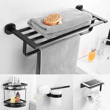 

Black Bathroom Accessories Sert Adhesive Towel Rack Shelf Wall Toilet Roll Paper Holder Double Rods Wall Toilet Brush Holder