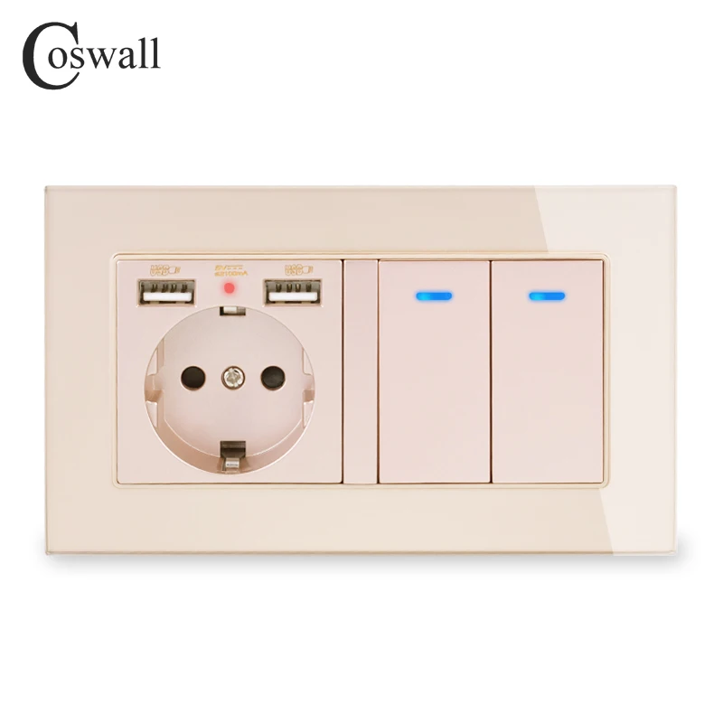 COSWALL Россия Испания стандарт ЕС розетка 2 USB порт зарядки+ 2 банды 1 способ включения/выключения света светодиодный индикатор-переключатель стеклянная панель