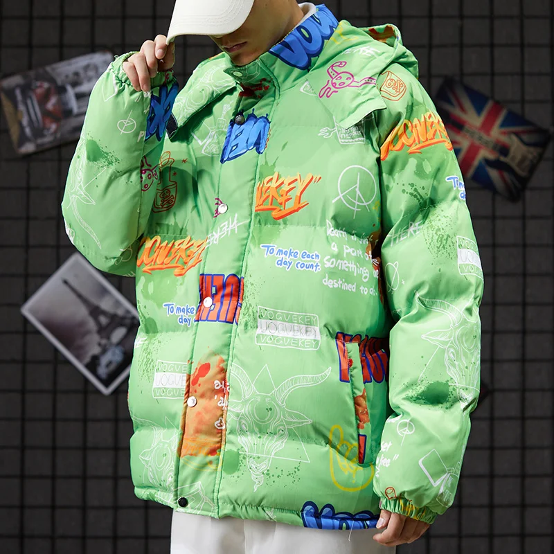 Модная хлопковая стеганая одежда, Зимняя Толстая Мужская куртка с принтом граффити, куртка-бомбер с капюшоном, верхняя одежда
