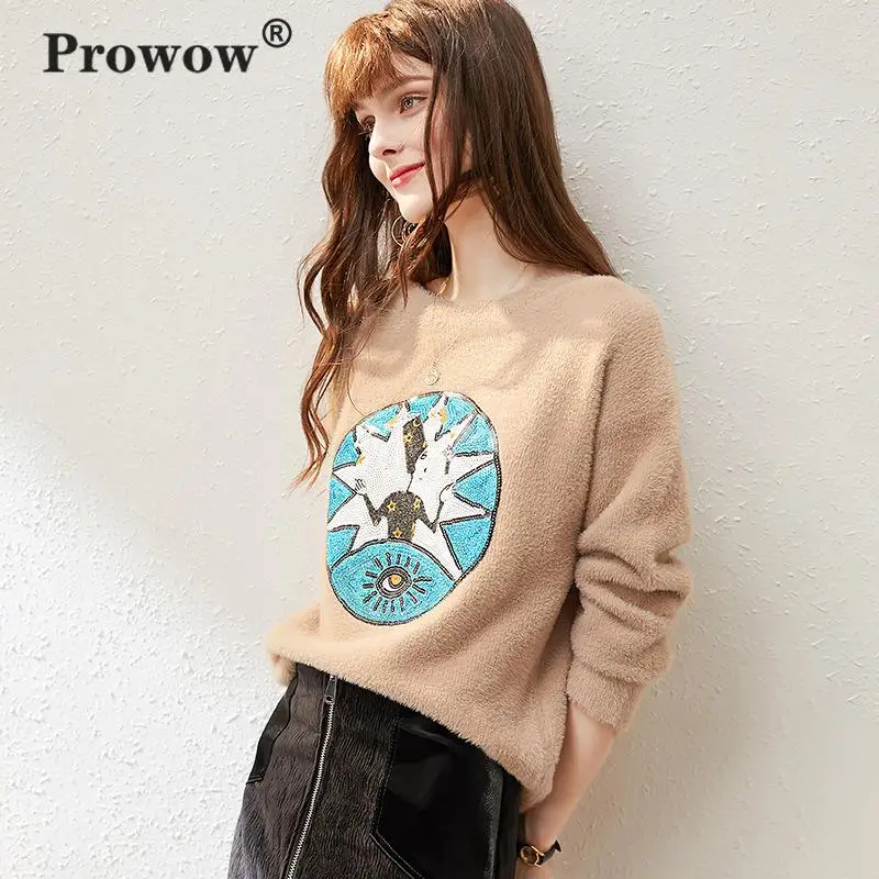 Prowow имитация норки-свитер с мехом для женщин круглый вырез мультфильм блёстки Свободный вязаный Топ для женщин с длинным рукавом Повседневные зимние пуловеры