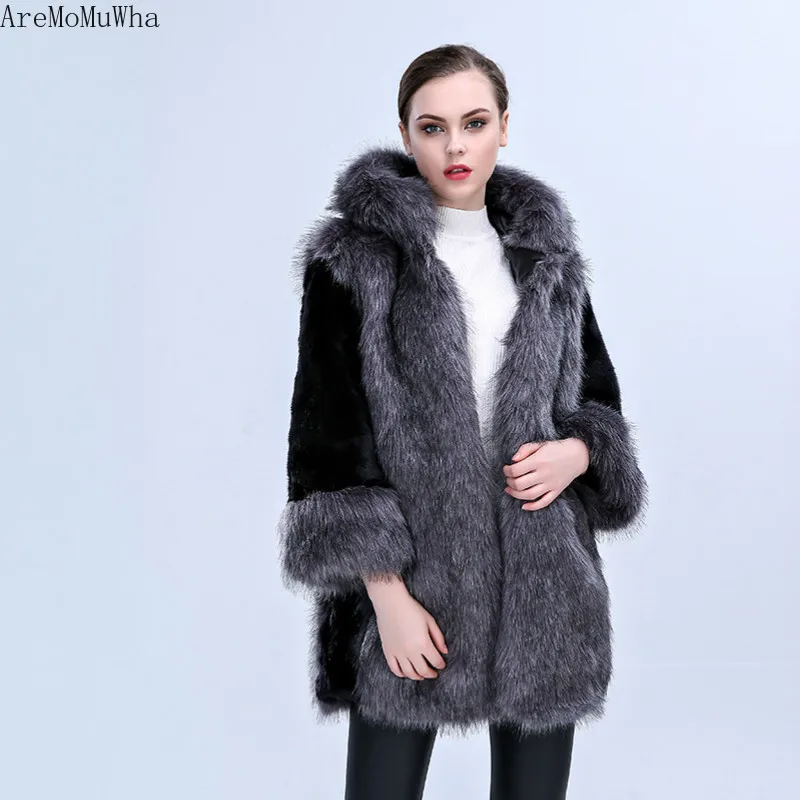 AreMoMuWha лисий мех пальто с искусственным мехом Зима Новая женская с капюшоном Роскошная куртка из искусственного меха женские топы и блузки пальто для женщин QX1175