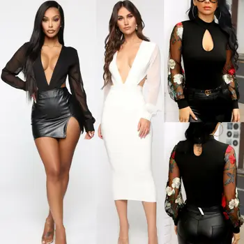 

Fashion In 2019 New Damen Stringbody Mesh Hollow Solid Bodycon Spitzenbody Bodysuit Overall Langarm V-Ausschnitt Tops