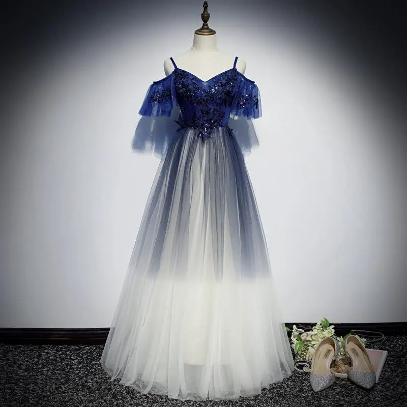 Elegant Lady Ball Evening Party Dress Blue Spaghetti Strap Mesh Qipao Sequins Backless Off Shoulder Oversize Cheongsam Vestidos - Цвет: Синий