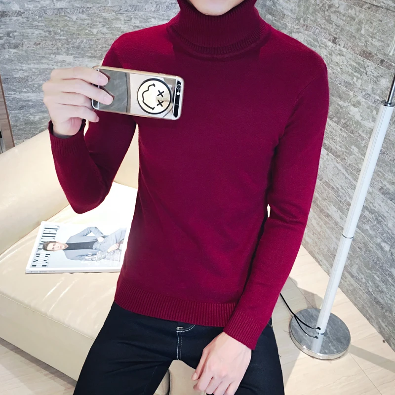 wine red thin Корейские мужские топы размера плюс, модные кашемировые футболки с высоким воротником и длинным рукавом, повседневные облегающие мужские осенние облегающие футболки - Цвет: wine red thin