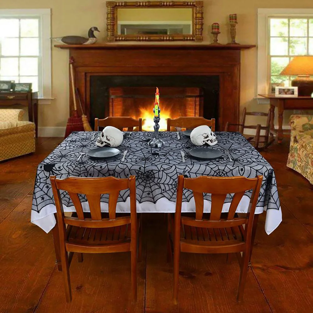  Black Lace Spider Web Halloween Table Cloth Spider Bat Pattern Table Cover Lace Tablecloth Hallowee