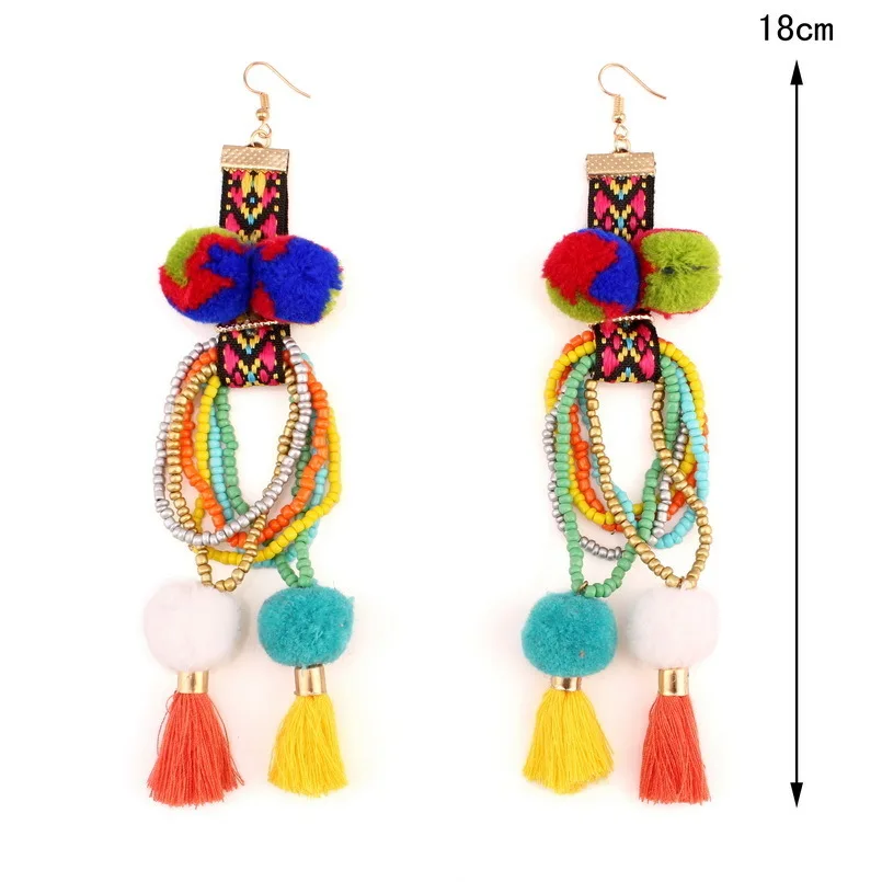 Florosy Long Cotton Ball Tassel Pendant Earrings For Women Chunky Colorful Acrylic Bead Handmade Vintage Ethnic Dangle Earrings