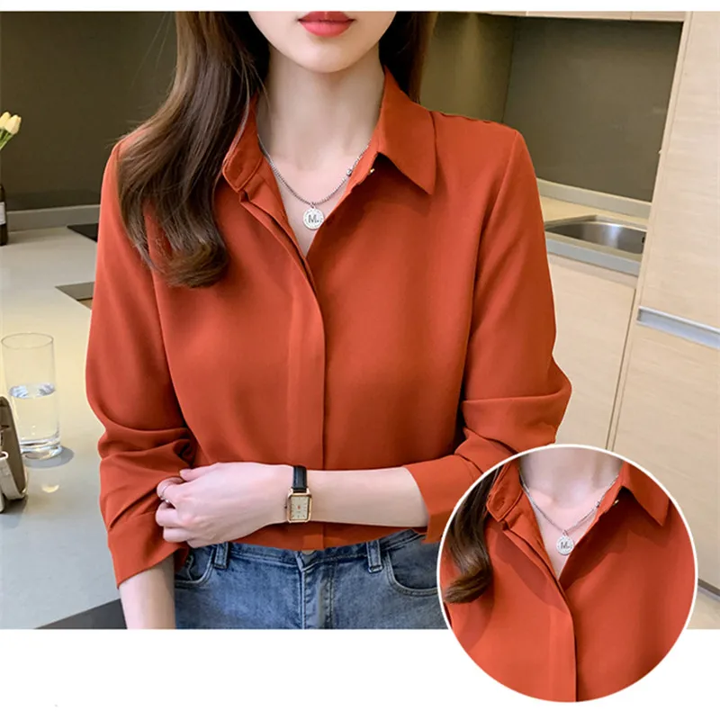 Solid Women's Chiffon Blouses for Women Full Sleeve Button Up Tops Polo Woman Blouse Tops Female 2022 Basic Shirts OL